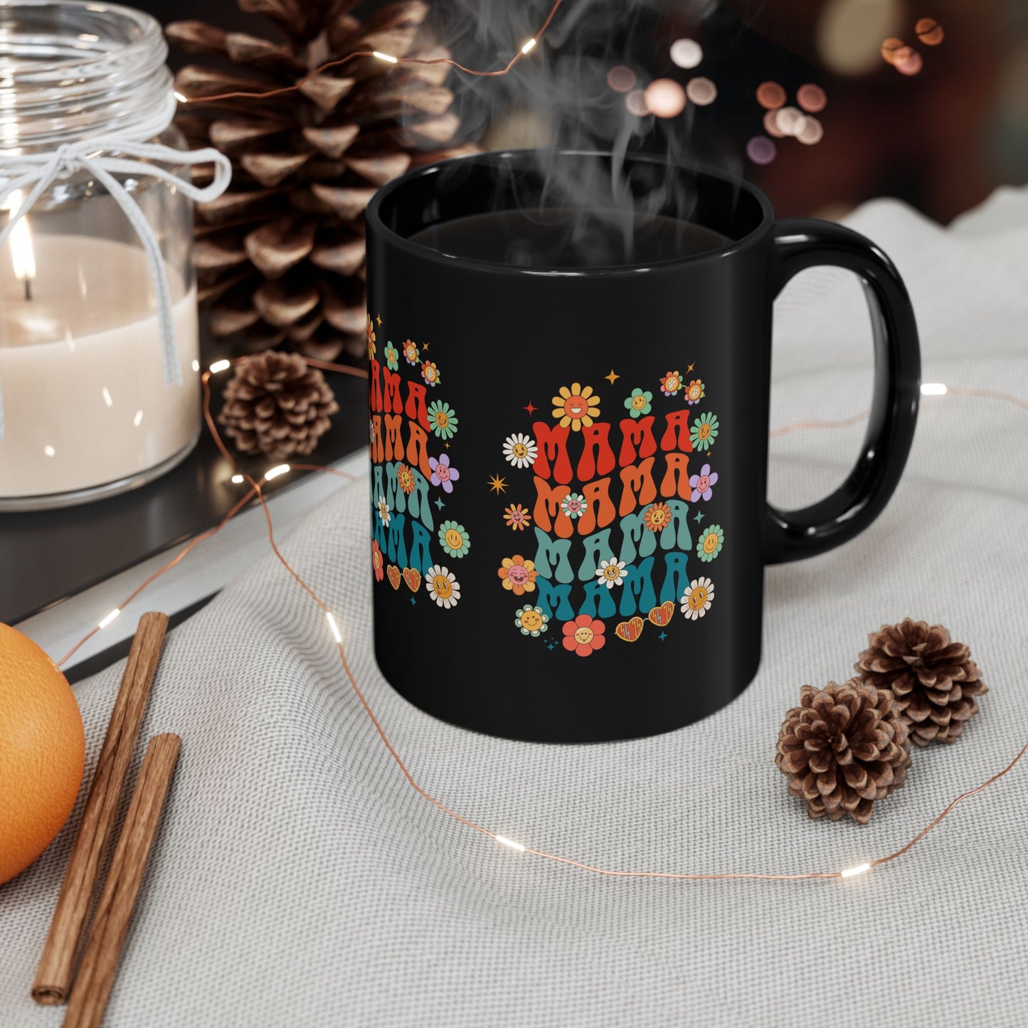 Retro Floral Mama Black Mug
