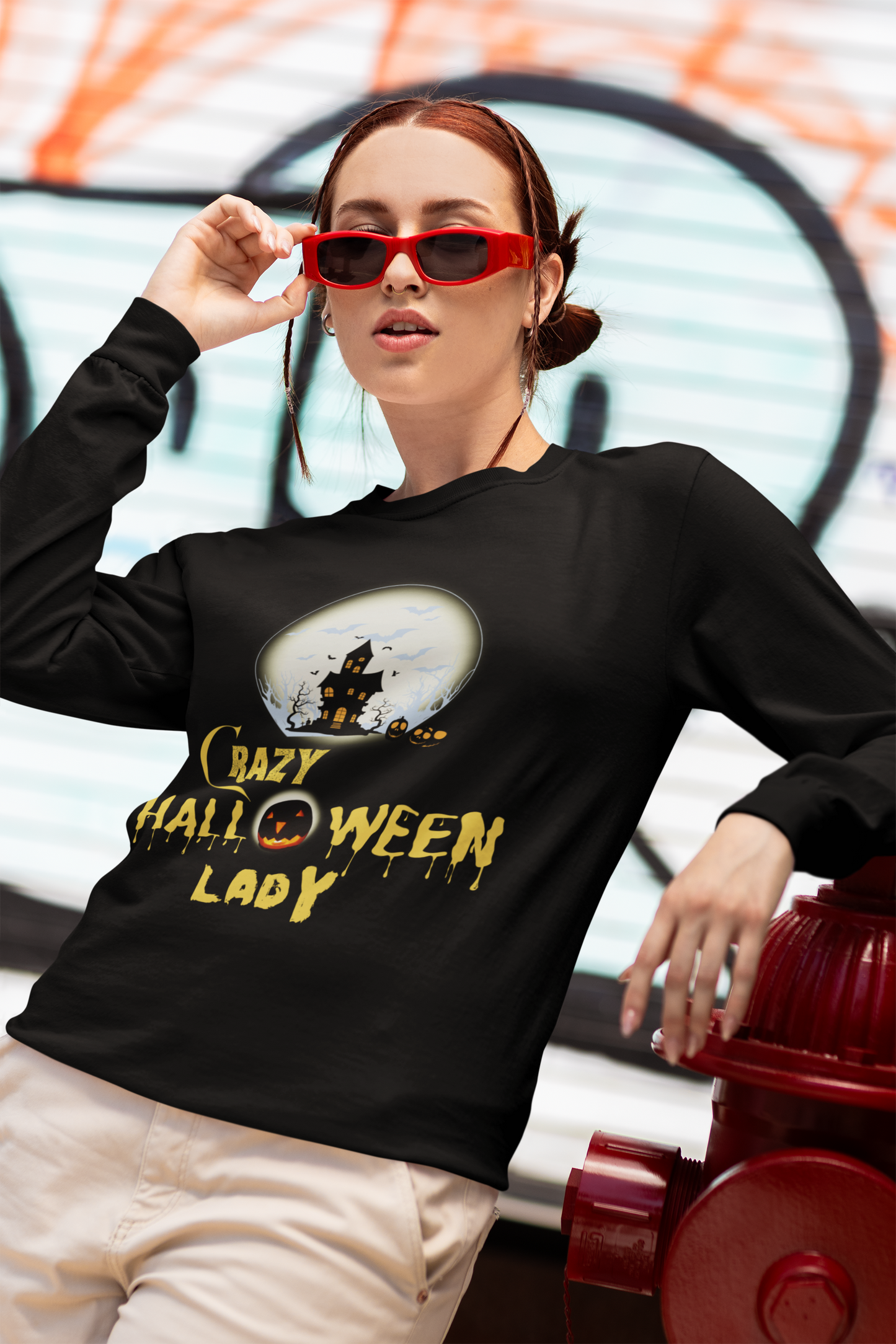 Crazy Halloween Lady Long Sleeve Tee