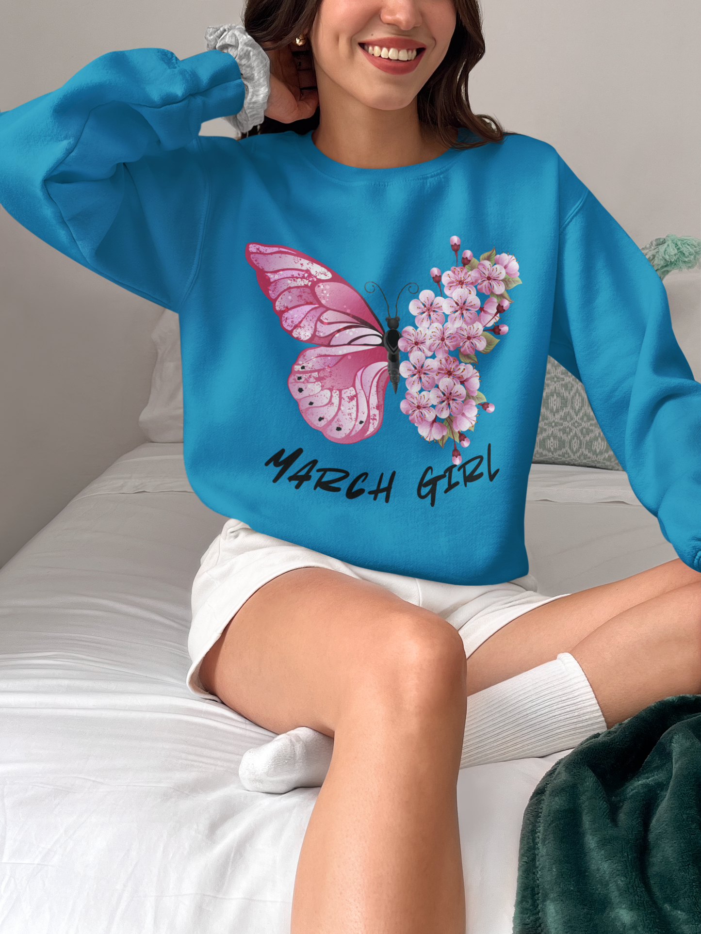 March Girl Butterfly Birthday Sweatshirt