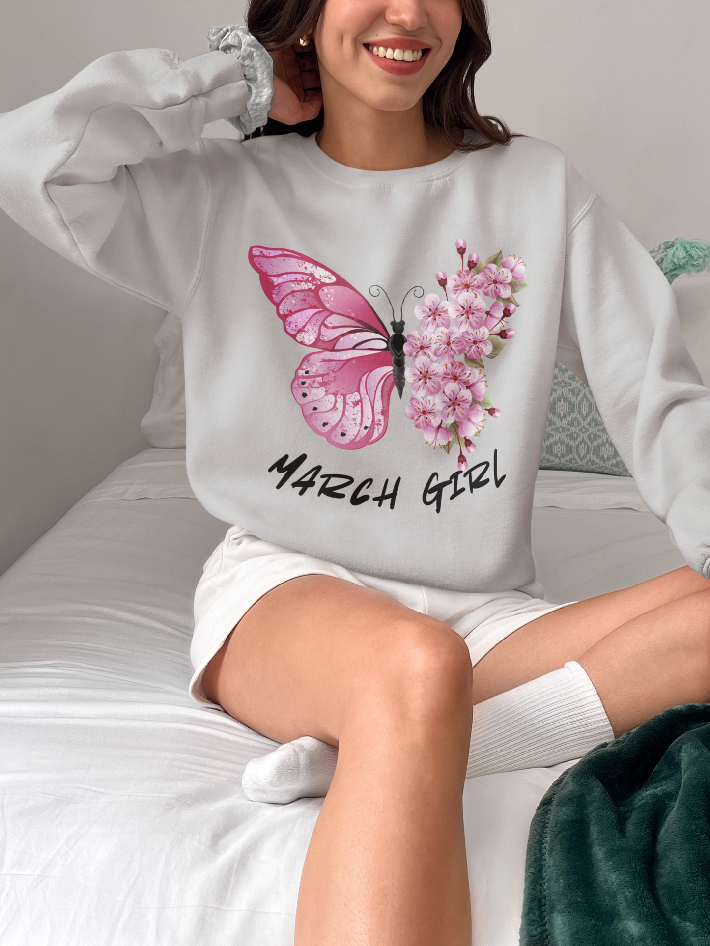 March Girl Butterfly Birthday Sweatshirt