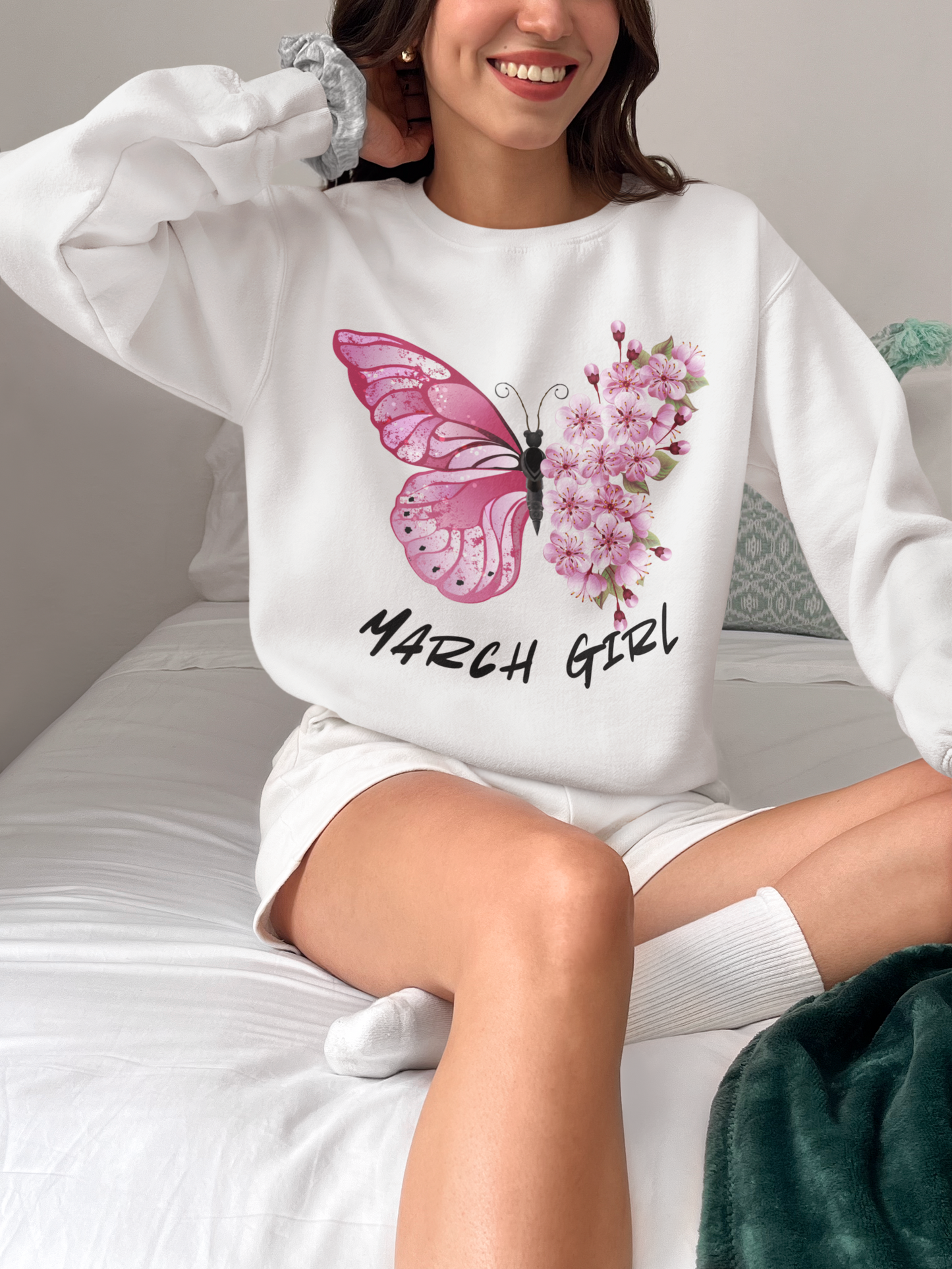 March Girl Butterfly Birthday Sweatshirt
