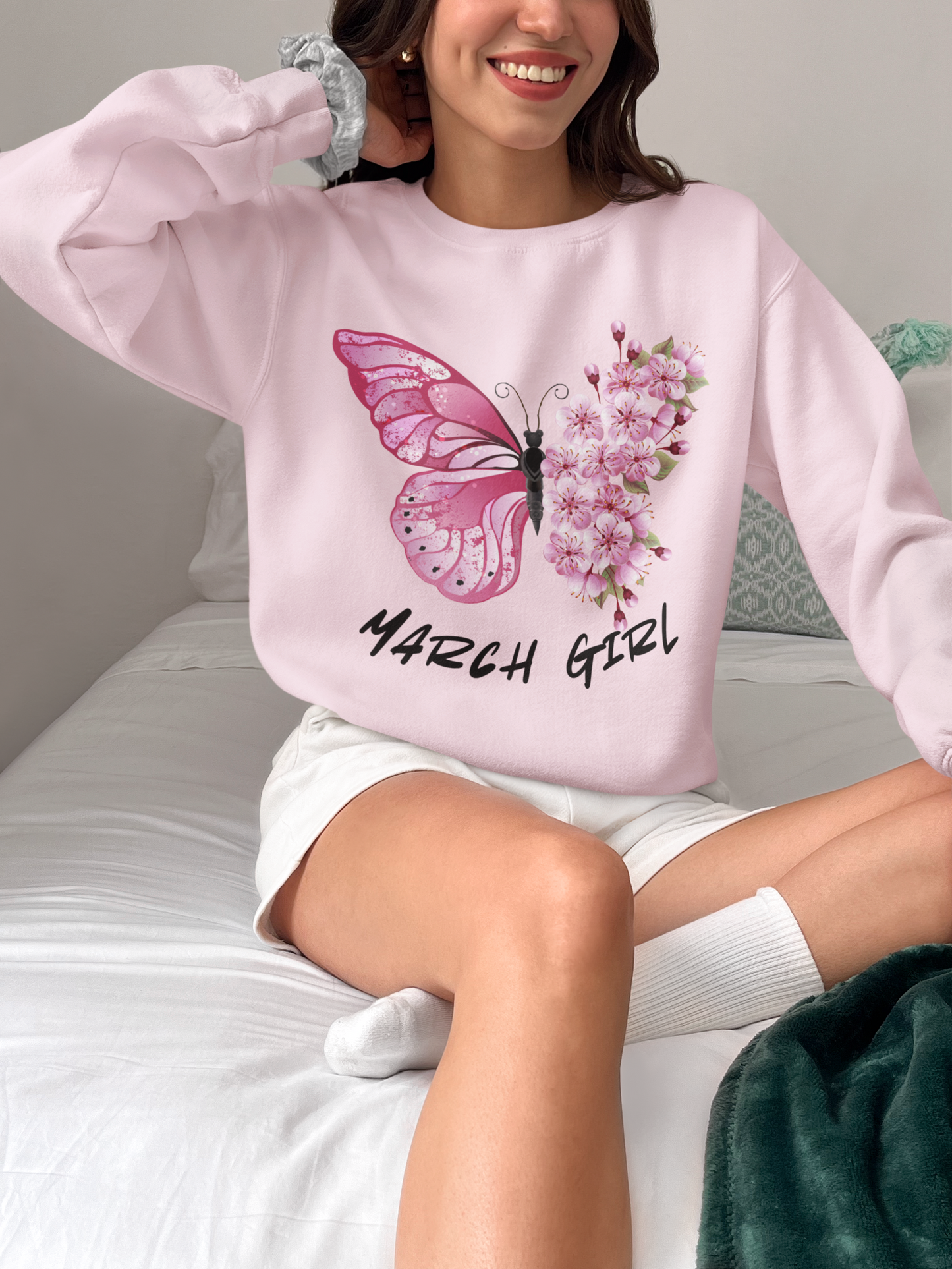 March Girl Butterfly Birthday Sweatshirt
