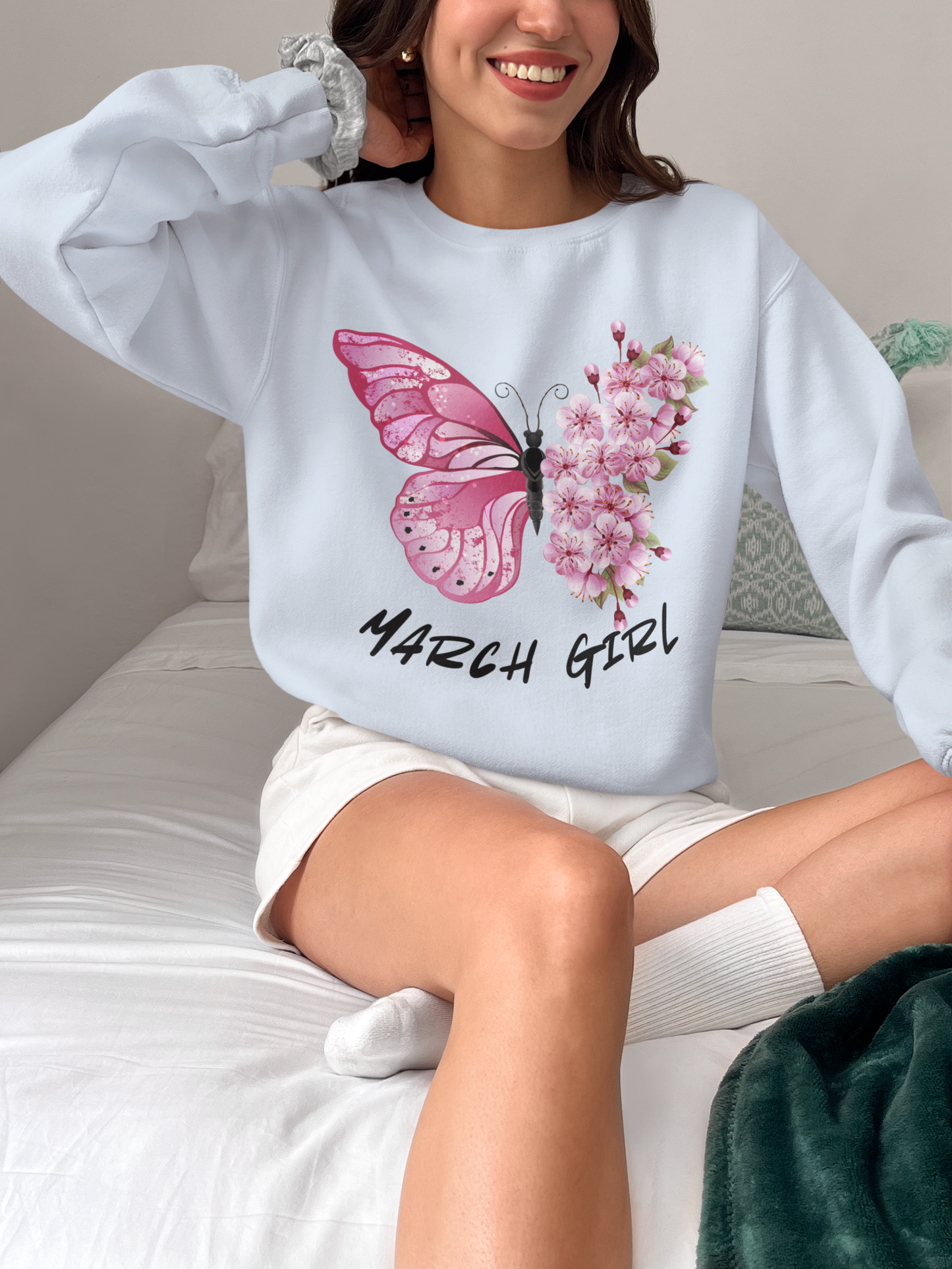 March Girl Butterfly Birthday Sweatshirt