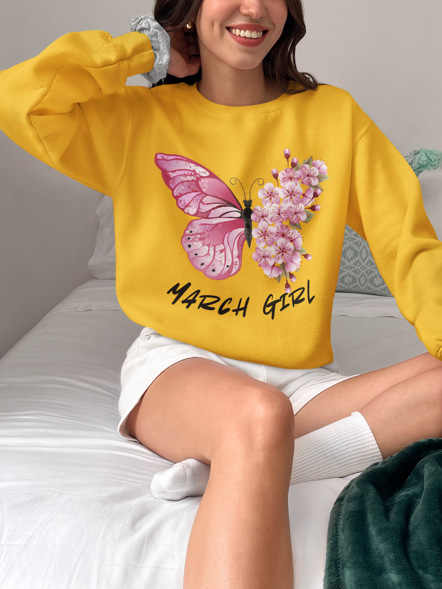 March Girl Butterfly Birthday Sweatshirt