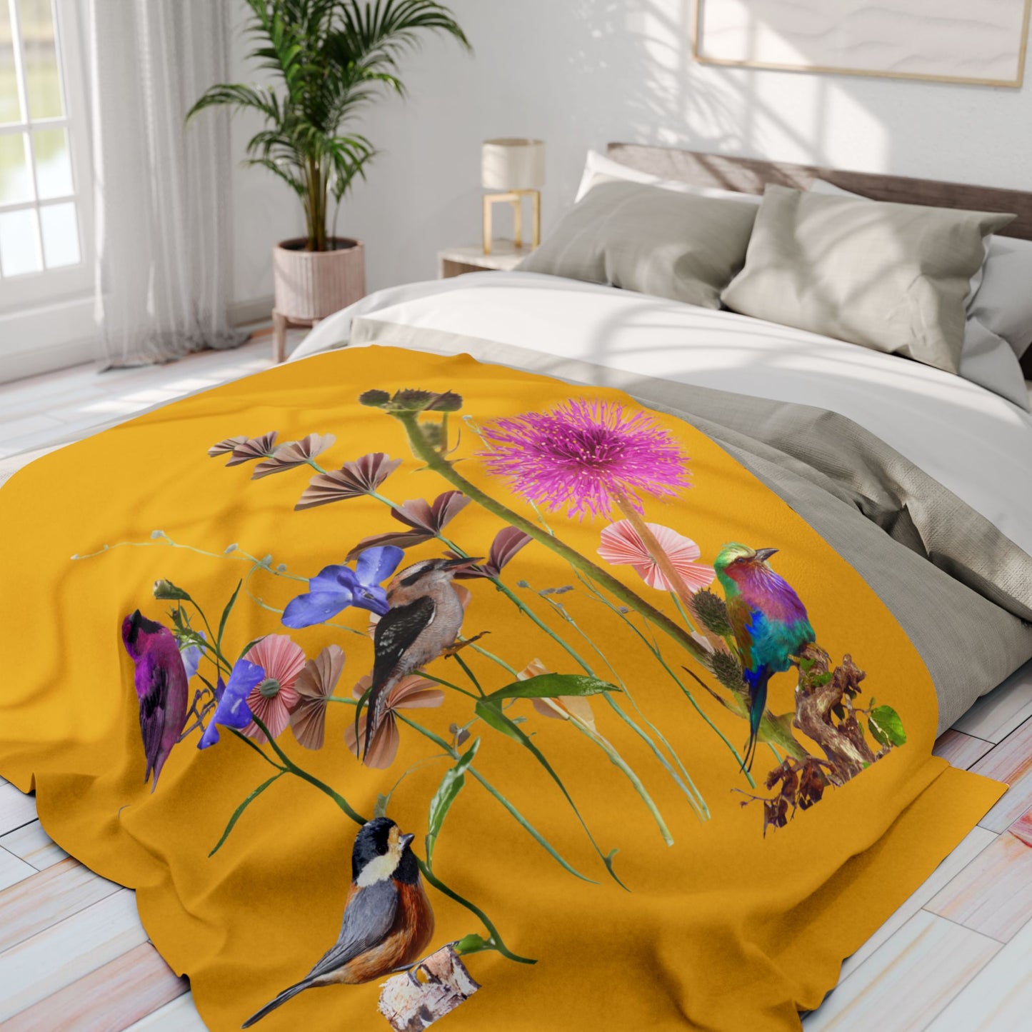 Vibrant Bird and Floral  Arctic Fleece Blanket